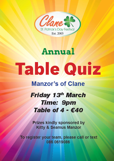 Clane Festival Annual Table Quiz at Manzors 2020